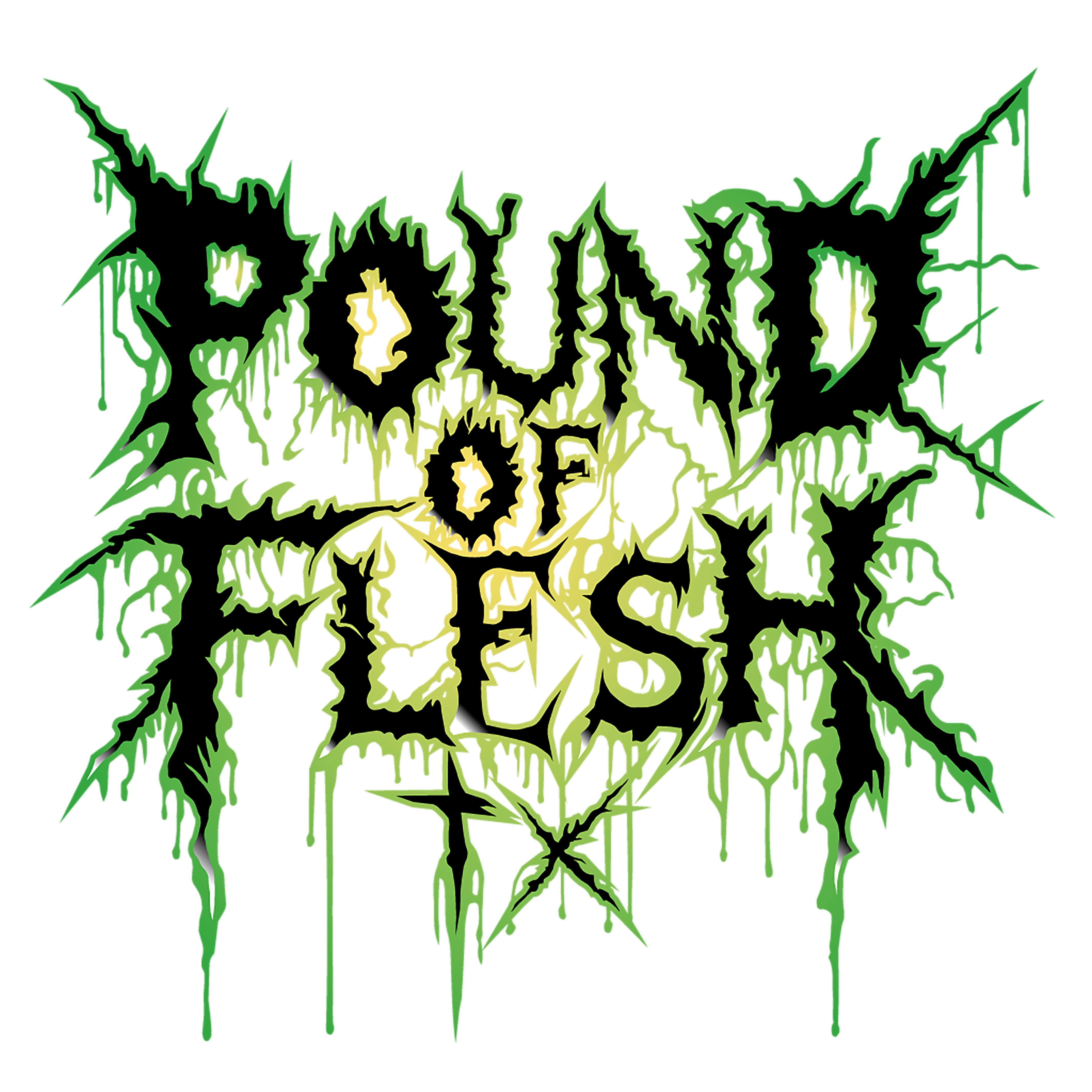 New Pound of Flesh TX Logo Black Letters, oulined in Green and Yellow